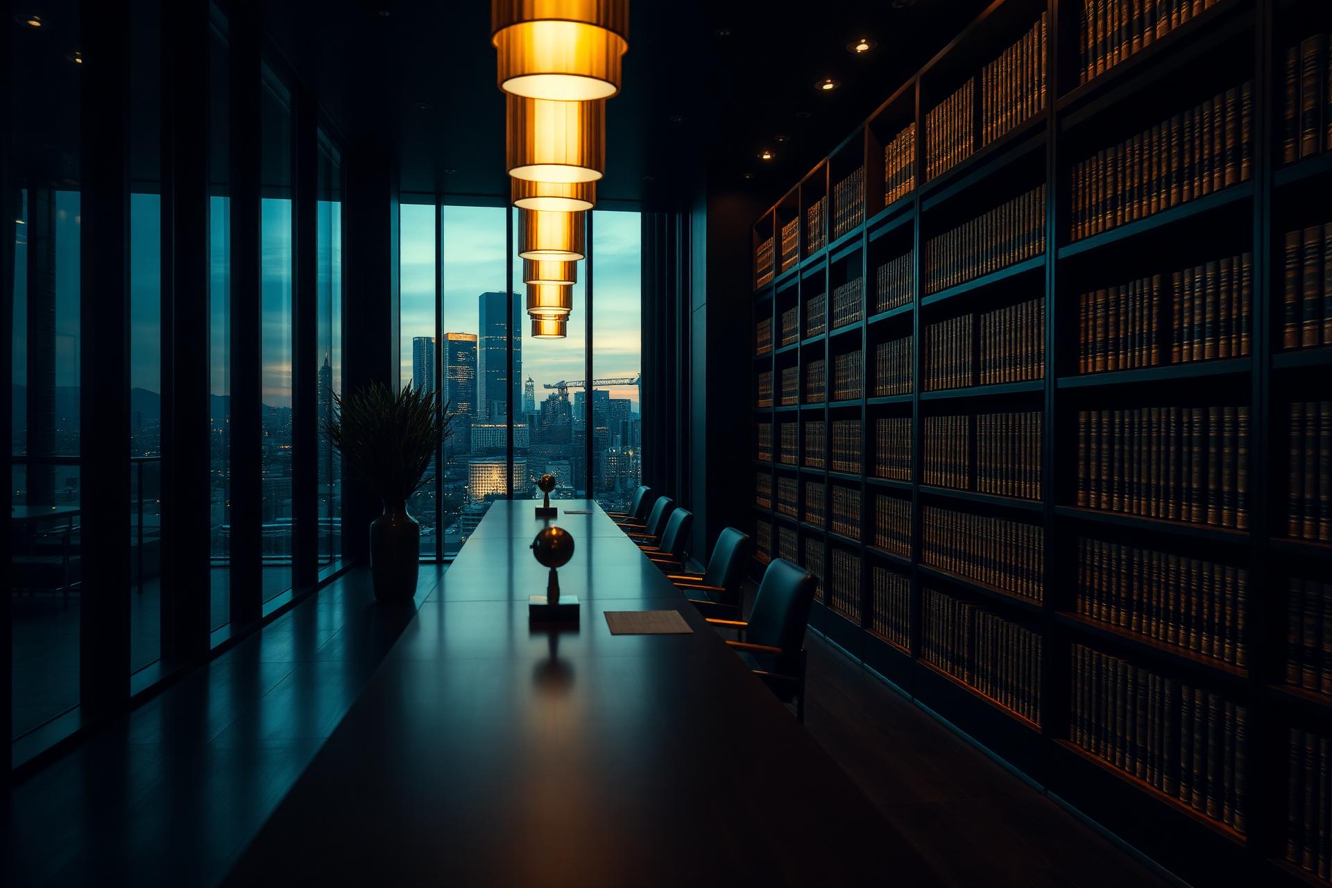 Escritório de advocacia moderno com vista para a cidade ao entardecer